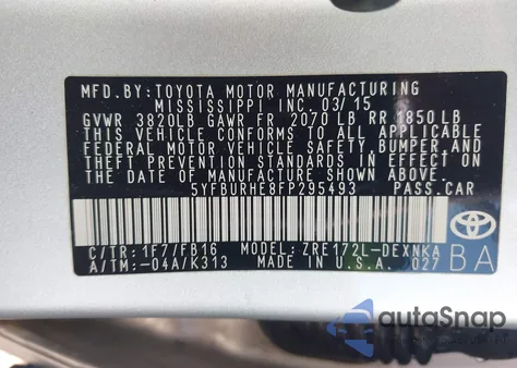 2015 Toyota Corolla Le из США, поврежденный, VIN 5YFBURHE8FP295493